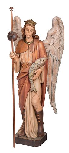 St. Raphael Carved and Painted Wood Devotional Figure