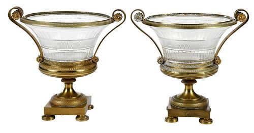 Pair of Neoclassical Bronze and Crystal Urns