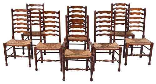 Set Eight Lancashire Style Ladder Back Rush Seat Chairs