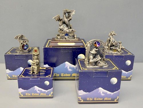 A large collection of Tudor Mint Myth and Magic pewter figures, all in varying sized deep blue boxes