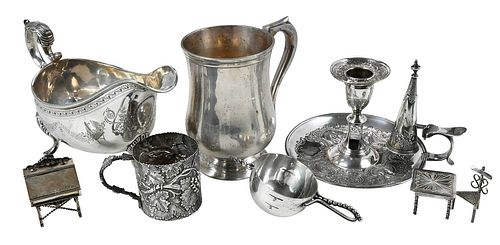 Seven Silver Table Items Including Irish Silver Gravy 