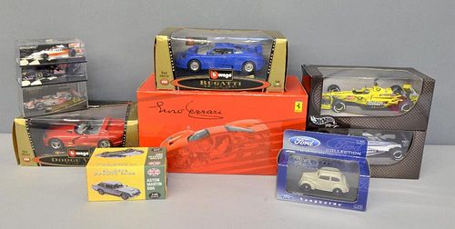 Hot Wheels Jaguar racing car, 4 Burago sports cars, a Ferrari, and other cars