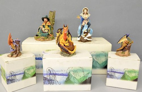 A collection of Tudor Mint Land of the Dragons figures in boxes, comprising 183, 011, 001, 25, 180,