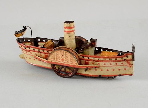 ORO (Orobr) Germany tinplate circa 1900 clockwork steam boat with original lithos and spirit based p