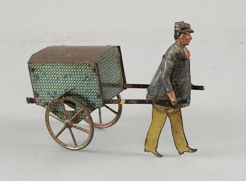 Fernan Martin France mid 1880s, tinplate, flywheel driven walking 'Le Livreur' porter figure, origin