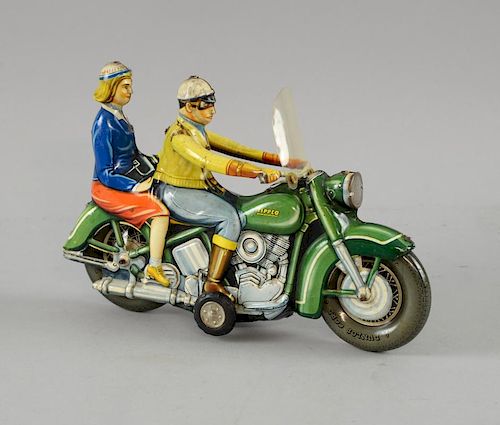 Tippco, Germany , tinplate, 1950s Harley Davidson friction driven motorcycle with rider and passenge