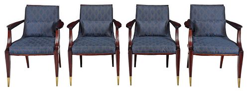 Suite Four Art Deco Upholstered Brass Mounted Armchairs
