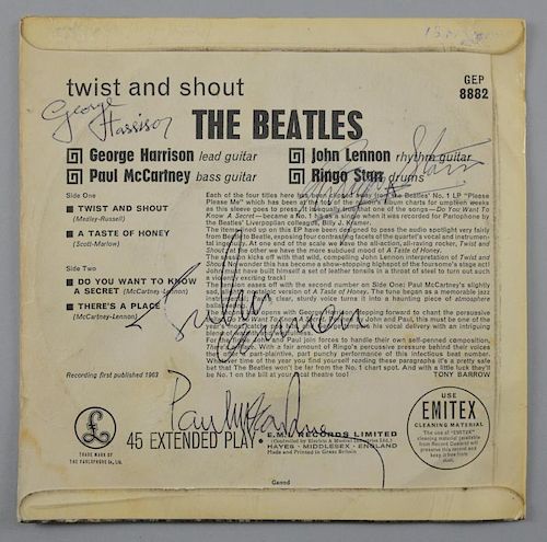 The Beatles Twist and Shout EP, 1963, signed on the verso in black pen by all four, John Lennon, Pau