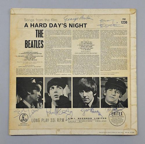 The Beatles A Hard Day's Night Vinyl LP cover signed on the back by John Lennon, Paul McCartney, Geo