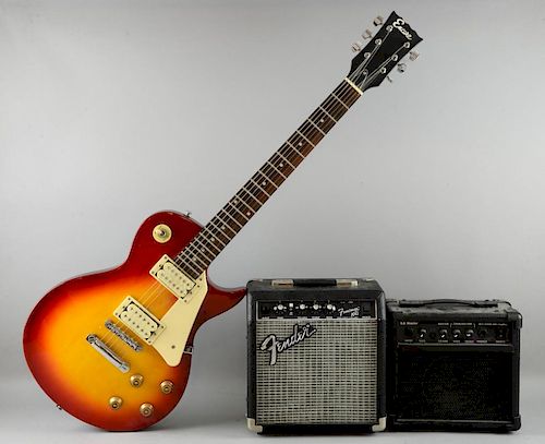 Encore Electric guitar, Fender Frontman 10G amp, B.B. Blaster amp, carry case, tuner & other accesso