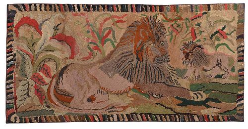 Folk Art Lion Hooked Rug Mounted on Panel