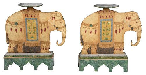 Pair Paint Decorated Elephant Plant Stands 