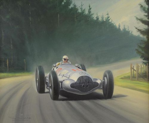 Roy Nockolds (British, 1911 - 1979). R. Caracciola driving a Mercedes at  the Nurburg ring in the Ge