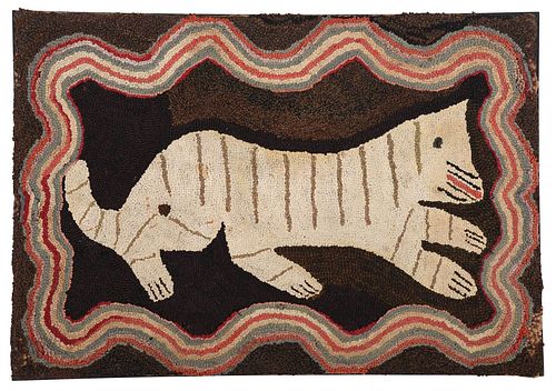 American Hooked "Tiger" Rug Mounted on Panel