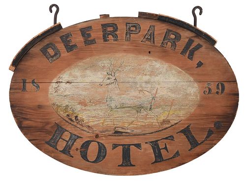 Vintage Painted Wood Hanging Sign, Deer Park Hotel