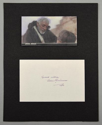 Alec Guinness, Autograph card signed by the Star Wars actor, dated 1987 along with a holographic car