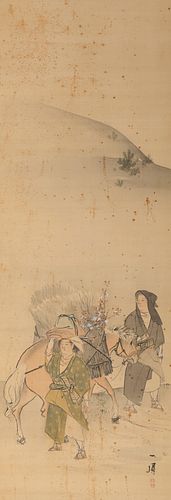 Chinese Ink & Color on Paper Peasants Painting mounted as Scroll