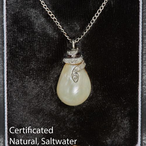 IMPORTANT CERTIFICATED NATURAL SALTWATER PEARL AND DIAMOND SNAKE PENDANT