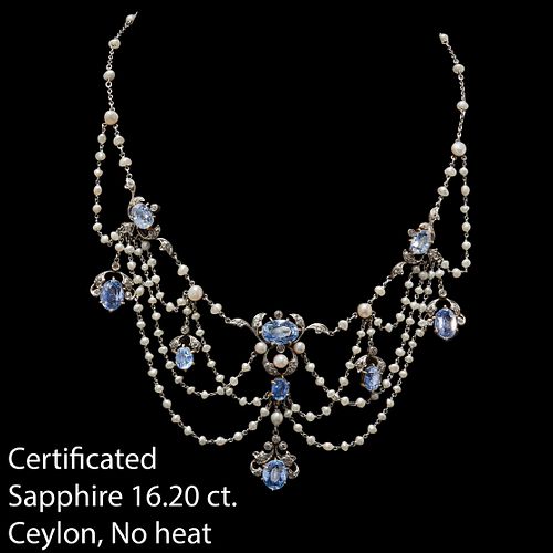 EDWARDIAN CERTIFICATED CEYLON SAPPHIRE, DIAMOND AND PEARL DROP NECKLACE