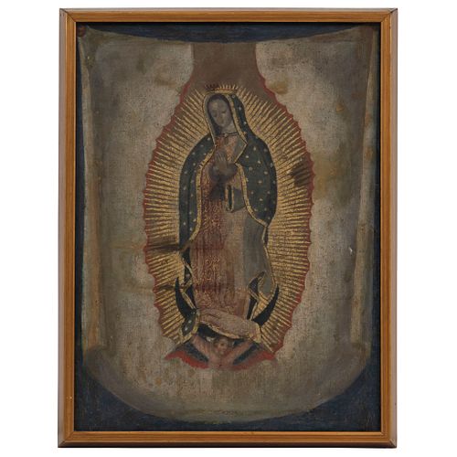 VIRGEN DE GUADALUPE MÉXICO, SIGLO XIX Óleo sobre tela Detalles de conservación 52.5 x 39 cm