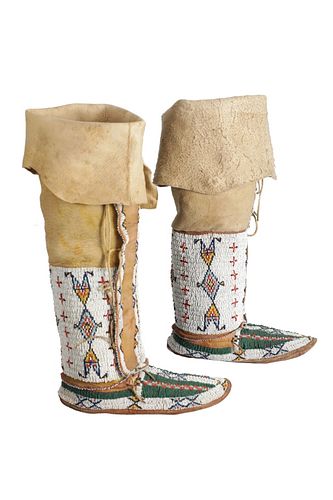 C. 1880 Sioux Hightop Beaded Hard Sole Moccasins