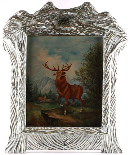 C.1885 Victorian Elk Painting In Hand Carved Frame