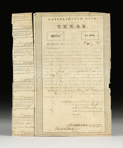 A REPUBLIC OF TEXAS $1,000 CONSOLIDATED FUND OF TEXAS BOND, HENRY H. WILLIAMS, AUSTIN, JANUARY 23,