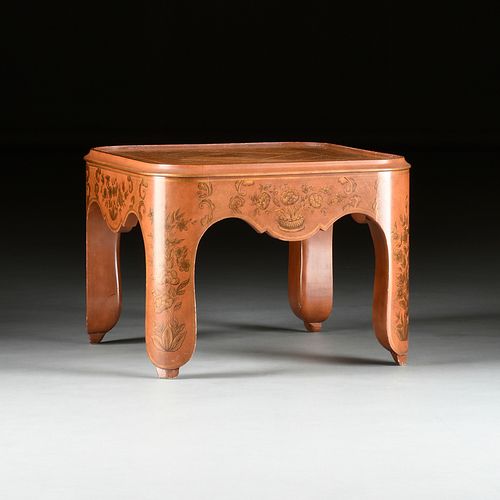 A CHINOISERIE OAK PARQUET TOPPED AND PARCEL GILT SALMON PINK LACQUERED LOW SIDE TABLE, MODERN,