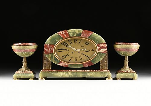 A THREE PIECE FRENCH ART DECO ONYX AND GRIOTTE MARBLE CLOCK WITH GARNITURE, CIRCA 1920,