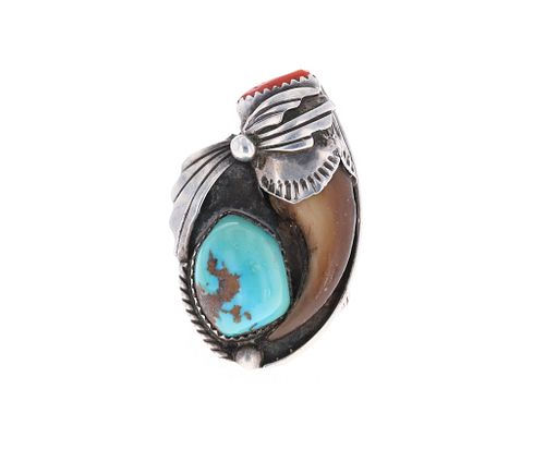 Large Navajo Sterling Bear Claw & Multi Stone Ring