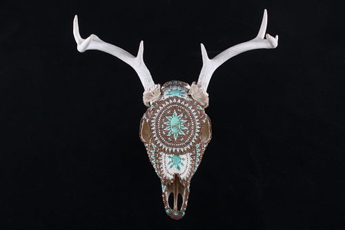 Plains Style Fully Beaded Deer Skull w/ Turquoise