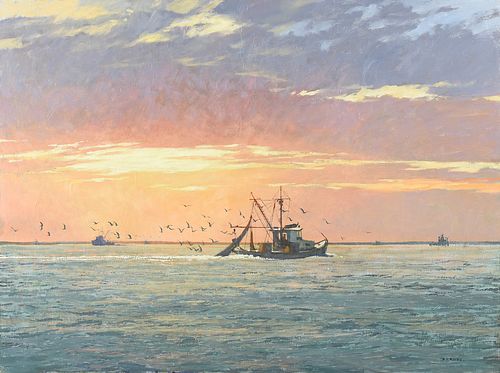 AL BARNES (American/Texas 1934-2015) A PAINTING, "Shrimp Boats in the Gulf," 20TH CENTURY,