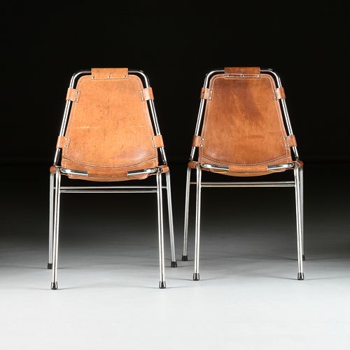 CHARLOTTE PERRIAND (French 1903-1999) FOUR LEATHER AND CHROME SIDE CHAIRS, "Les Arcs," CIRCA 1970s,