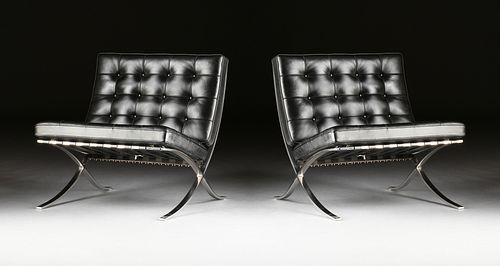 A PAIR OF BARCELONA CHAIRS IN BLACK LEATHER AND POLISHED STAINLESS STEEL, DESIGNER MIES VAN DER