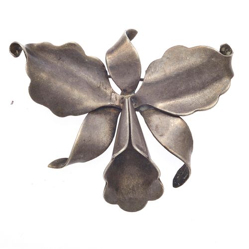 Mexican Sterling Silver Orchid Brooch, Hector Aguilar