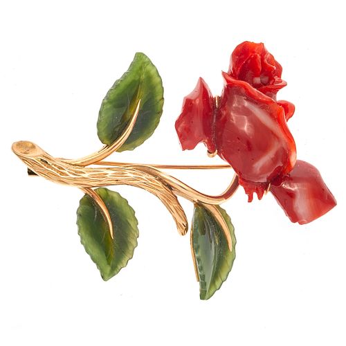 Coral, Nephrite, 14k Yellow Gold Rose Pin