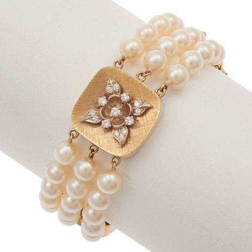 Diamond, Cultured Pearl, 14k Yellow Gold Bracelet