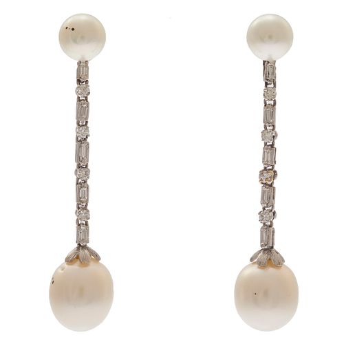 Pair of Diamond, Cultured Pearl, 14k Earrings