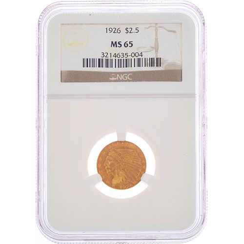 1926 US $2.5 Indian Head Gold Quarter Eagle Coin NGC Slabbed MS65