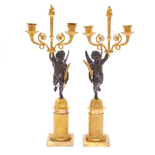 A Pair of Empire Style Bronze and Gilt Candelabra