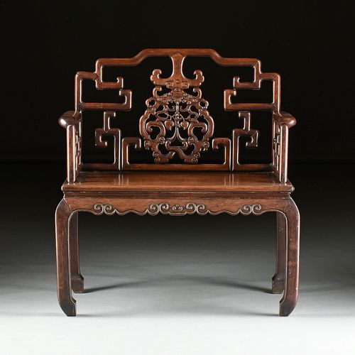 A CHINESE CARVED HARDWOOD "BAT AND PEACHES" THRONE CHAIR, POSSIBLY REPUBLIC PERIOD (1912-1949),