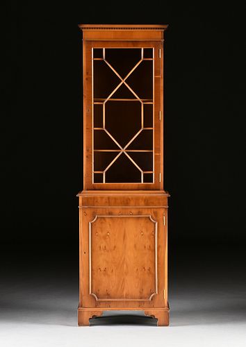A GEORGE III STYLE YEW WOOD BOOKCASE CABINET, MODERN,