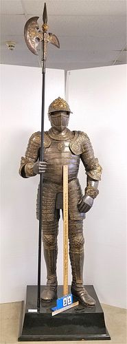RESIN 6' FIGURE IN FULL SUIT OF ARMOR ON STAND 8 1/2"H X 30"W X 24"D W/ 8'5" POLE AXE