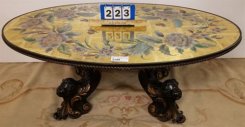 CARVED WOOD BASE COFFEE TABLE W/ GOLD LEAF & PAINTED TOP 18"H X4'WX28"D
