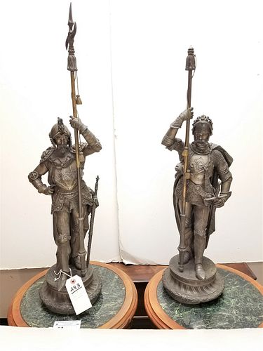 PR VICT WHITE METAL FIGURAL GARNITURES OF KNIGHTS 32" (ONE MISSING FINIAL ON STAFF)