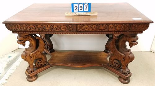C 1900 MAHOG. 2 DRAWER LIBRARY TABLE W/GRIFFIN BASE 29 1/2"H X 50"W X 29 1/2"D