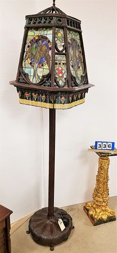 TIFFANY STYLE BRONZE BASE FLOOR LAMP W/ METAL FRAME SHADE W/ LEADED STAINED GLASS PANELS 78" H TOT SHADE 26" H X 22" SQ.