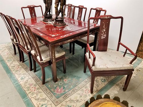 CHINESE MOP INLAID MAHOG DINING TABLE 44" W X 5' L W/ 2 18" LEAVES + 8 CHAIRS