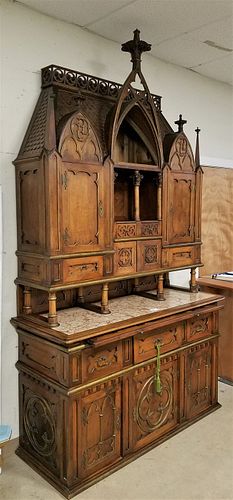 19TH C GOTHIC REVIVAL WALNUT MARBLE TOP CABINET 9'2"H X 63"W X 24 1/2"D