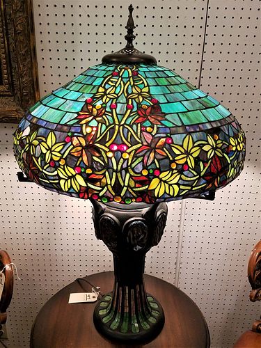 TIFFANY STYLE TABLE LAMP W/ LEADED SHADE 21 1/2" DIAM. & GLASS INSET MEDALLION & GLASS MOSAIC BASE 34"H